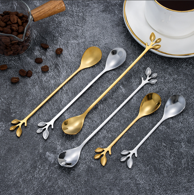 Ложка из нержавеющей стали в форме листа Ложка для десертов Ложка и вилка в форме ветки Ложка для меда и кофе Подарочная посуда Ложка для приправ