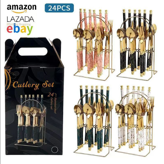 Трансграничный 24-предметный набор столовых приборов в западном стиле с двойной окантовкой оливково-зеленого цвета с эффектом мрамора, включающий нож для стейка, вилку и ложку, а также подарочную коробку для хранения.