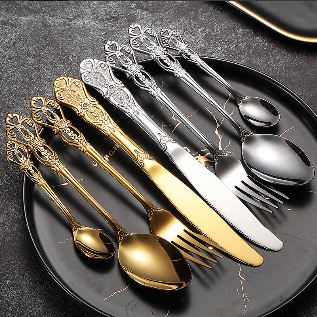 Набор столовых приборов из нержавеющей стали Imperial Court с винтажным рельефным дизайном, ножом для стейка и вилкой Cross-Border Hotel Supplies Набор столовых приборов