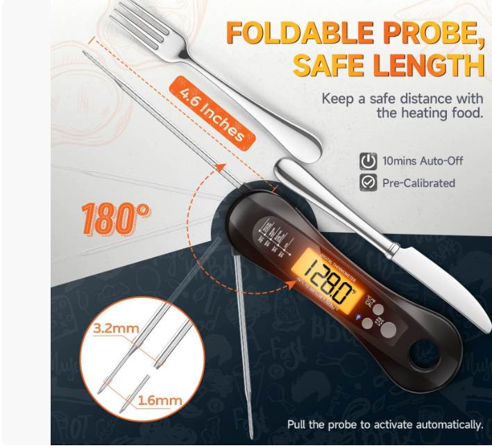 Складной электронный термометр для духовки, подходящий для использования за границей Водонепроницаемый электронный термометр для пищи Высокотемпературный термометр для барбекю