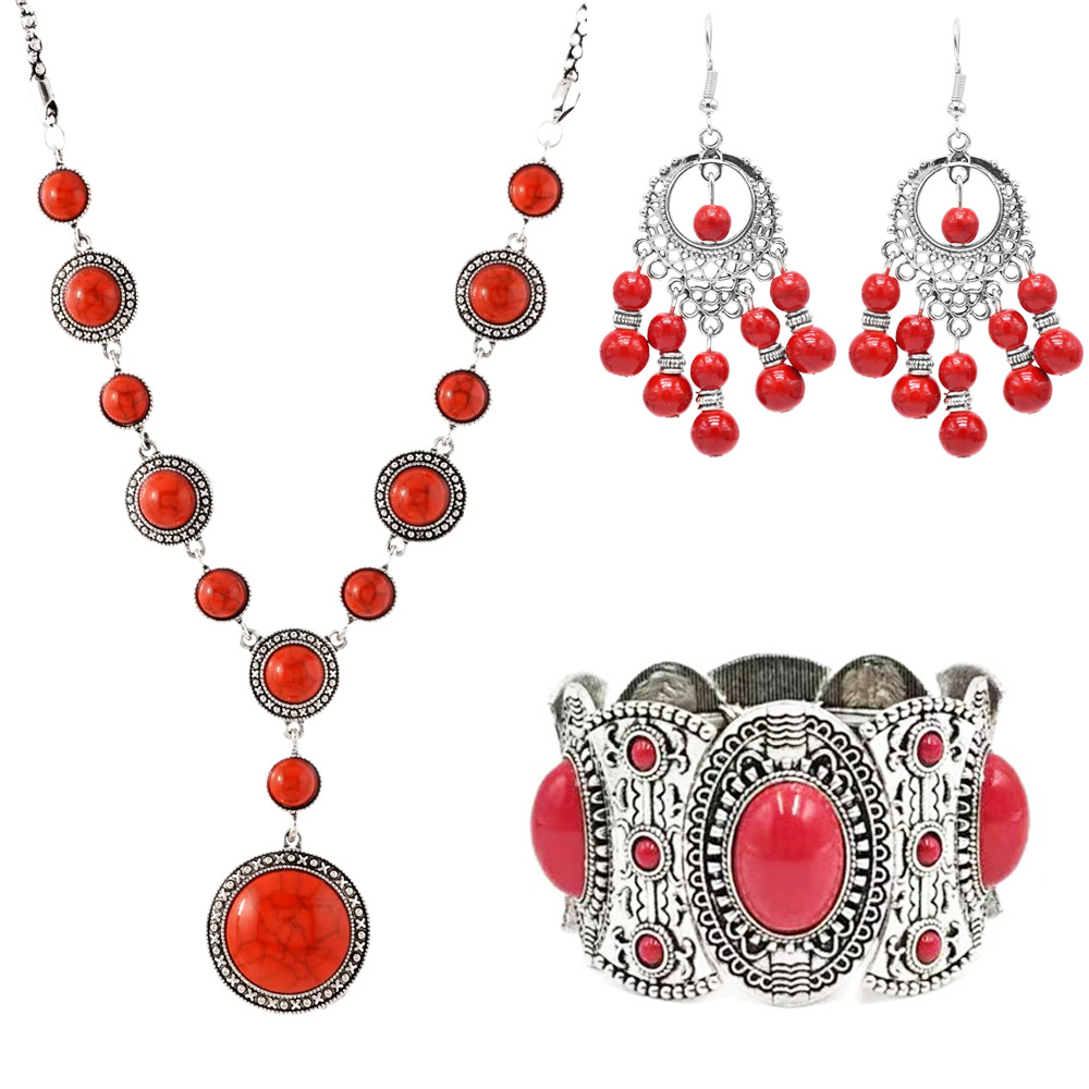 Трансграничный набор из ожерелья, браслета и сережек в стиле «новая богема» с бирюзой Роскошный набор праздничных украшений красного цвета