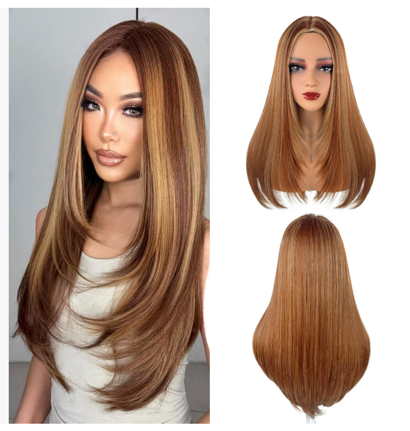 Трансграничный европейский и американский натуральный женский парик с пробором посередине, мелированный, из высокотемпературного шелка, с длинными прямыми и слегка волнистыми волосами.