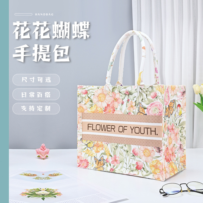 Большая вместительная сумка-тоут из холста с цветочным рисунком в виде бабочки, фабричная оптовая продажа женских сумок-тоут с множеством карманов