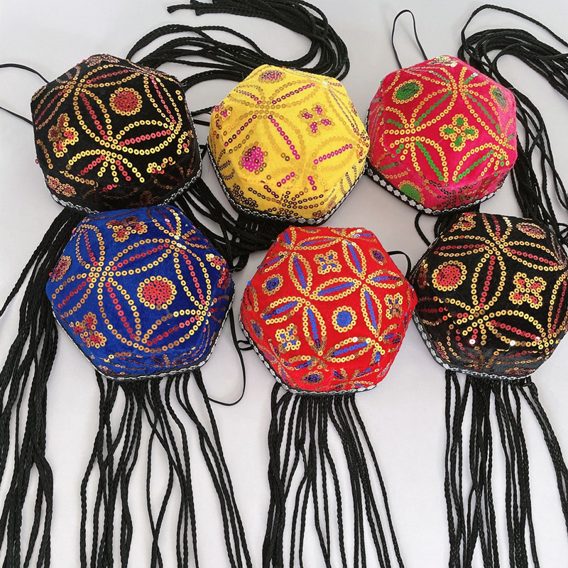 Танцевальная шапка Синьцзяна, шестиугольная шапка с длинными косами, уйгурская шапка, этническая шапка уйгуров, красная, синяя, черная, плетеная вручную