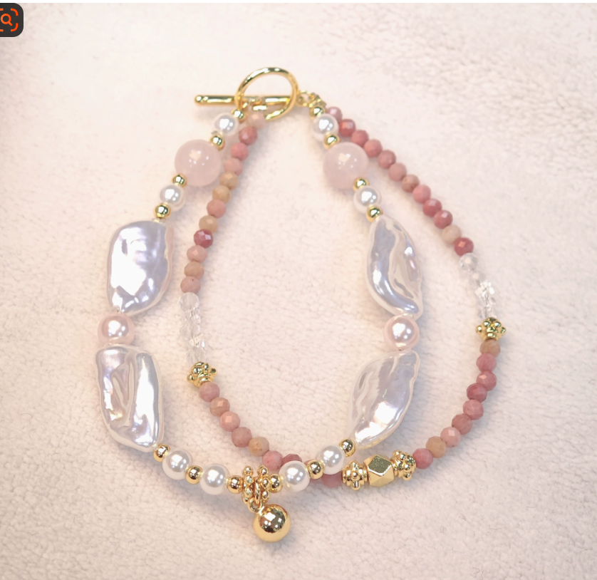 Модный браслет из барочных жемчужин для женщин в французском стиле с бусинами неправильной формы, двухслойный дизайн, застежка OT, браслет с бусинами из розового турмалина