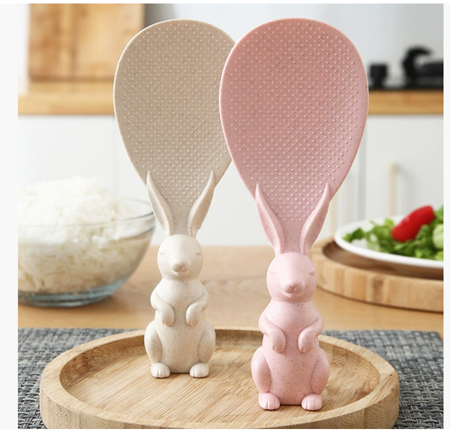 Пластиковая ложка для риса из пшеничной соломы с креативным дизайном в виде милого кролика, с антипригарным покрытием, устойчивая к высоким температурам, для хранения риса, с устойчивой конструкцией.