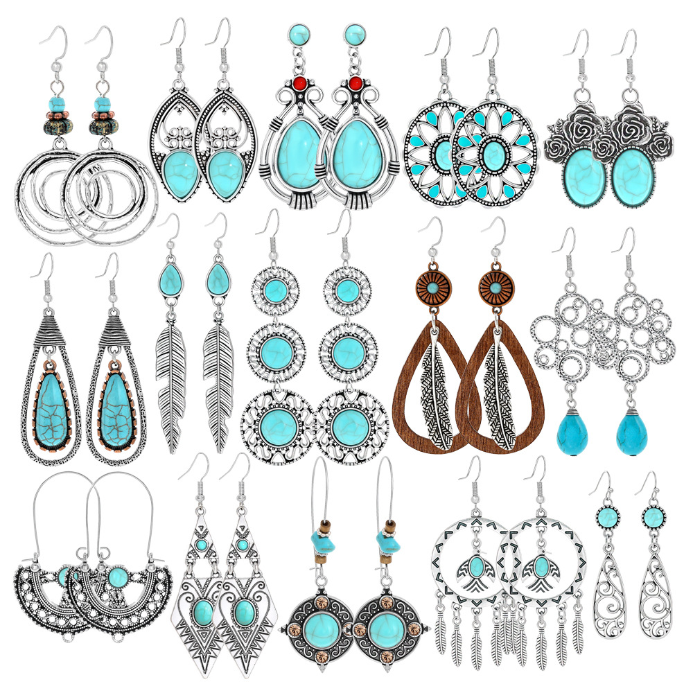 Momo Jewellery Трансграничные новинки Винтажные серьги из сплава в форме капли для женщин Оптовая продажа Богемные бирюзовые аксессуары для ушей