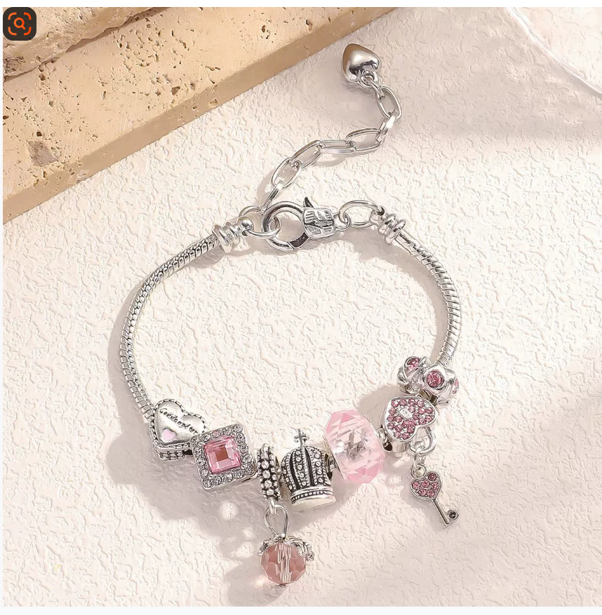 Семейство Pan Трансграничный розовый ключ с бриллиантами Подвеска Браслет с короной Ювелирные изделия TikTok & Xiaohongshu Live-Stream Бестселлер Оптовая торговля