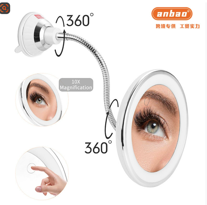 Косметическое зеркало с LED-подсветкой, 10-кратным увеличением, USB-зарядкой, трехцветным обновлением, креплением на присоске, трансграничным складным косметическим зеркалом