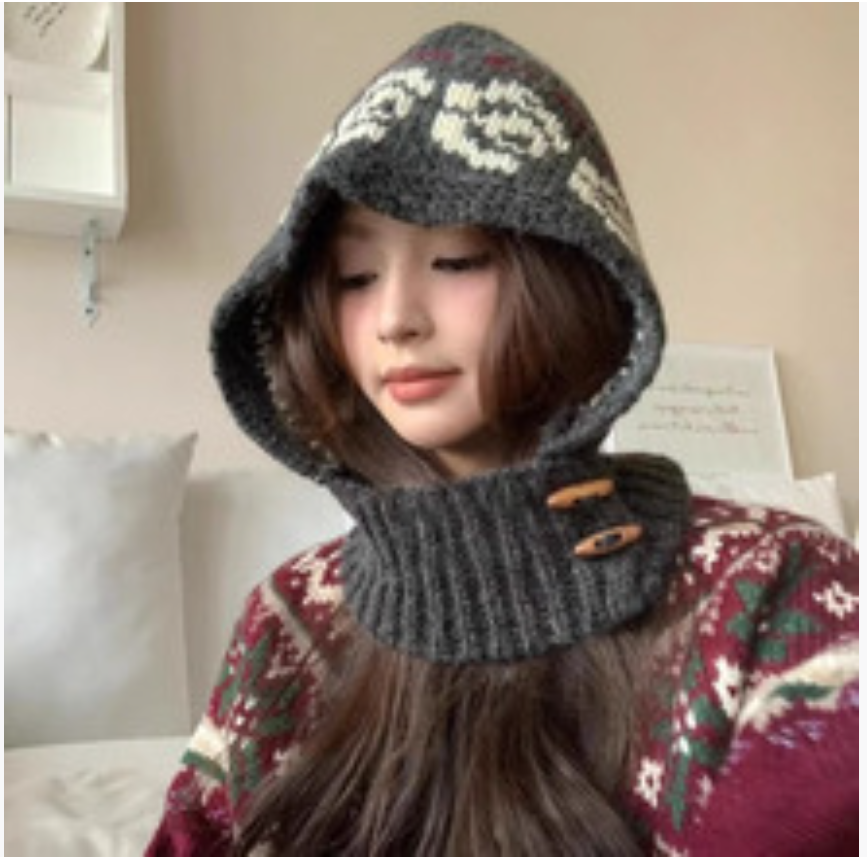 Женская шерстяная шапка Fair Isle Knit Wool Beanie для зимы Новинка Винтажная балаклава со шарфом Модная и универсальная