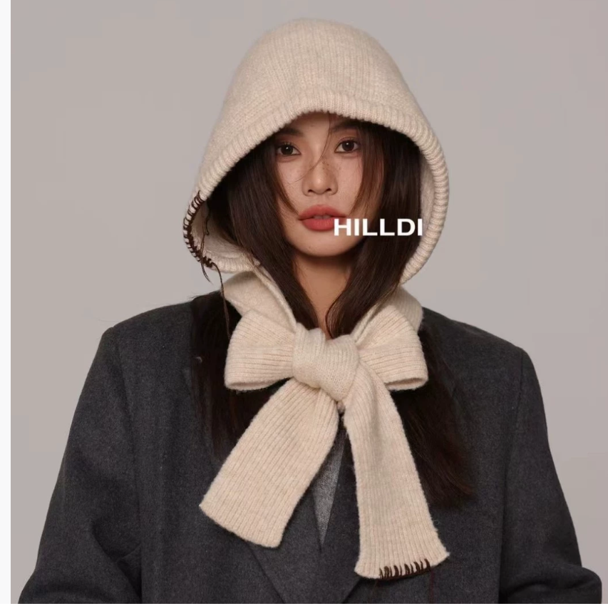 Новая корейская женская осенне-зимняя теплая вязаная шапка-балаклава с ушанкой и встроенным утеплителем для шеи