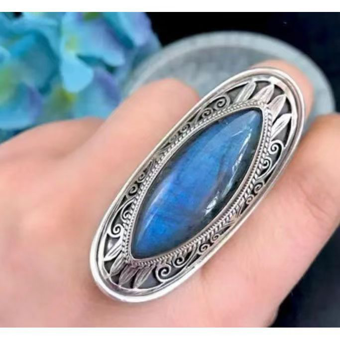 Винтажное серебряное кольцо в тибетском стиле ручной работы с натуральным камнем лабрадоритом, регулируемое кольцо. Ювелирное изделие в подарок на день рождения.