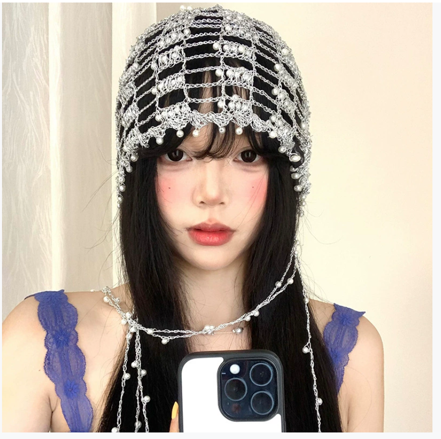 Ручной работы серебряная цепочка с жемчужной кисточкой и ажурной шапочкой для женщин Нишевый дизайн подчеркивает миниатюрное лицо Универсальная шапочка с повязкой на голову