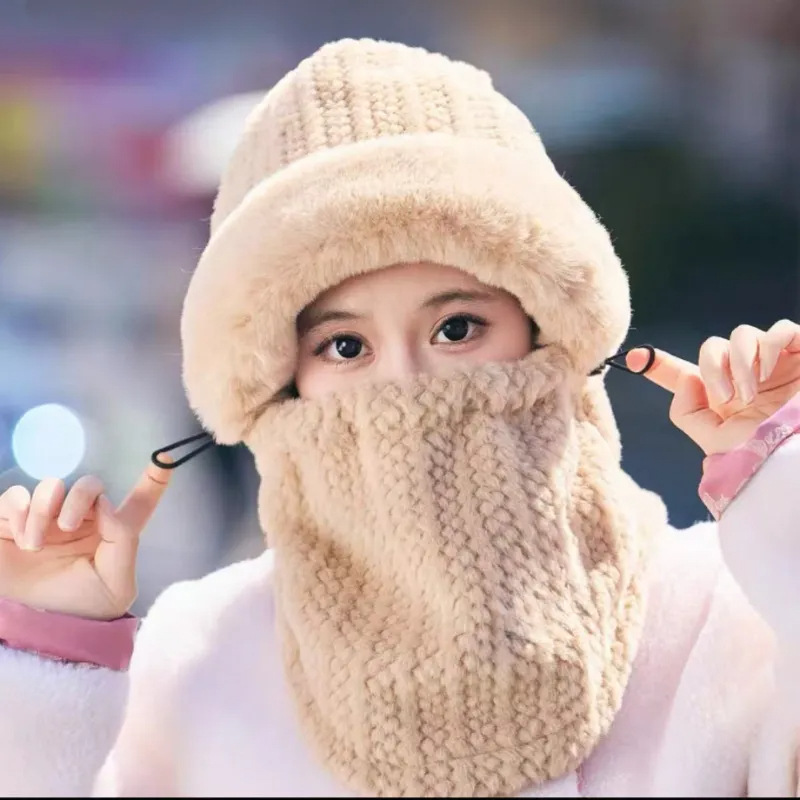 Северо-восточная зимняя шапка и шарф Комбинированная маска для лица для женщин Осенняя/зимняя термошапка для езды на электровелосипеде Теплый и ветрозащитный утеплитель для шеи