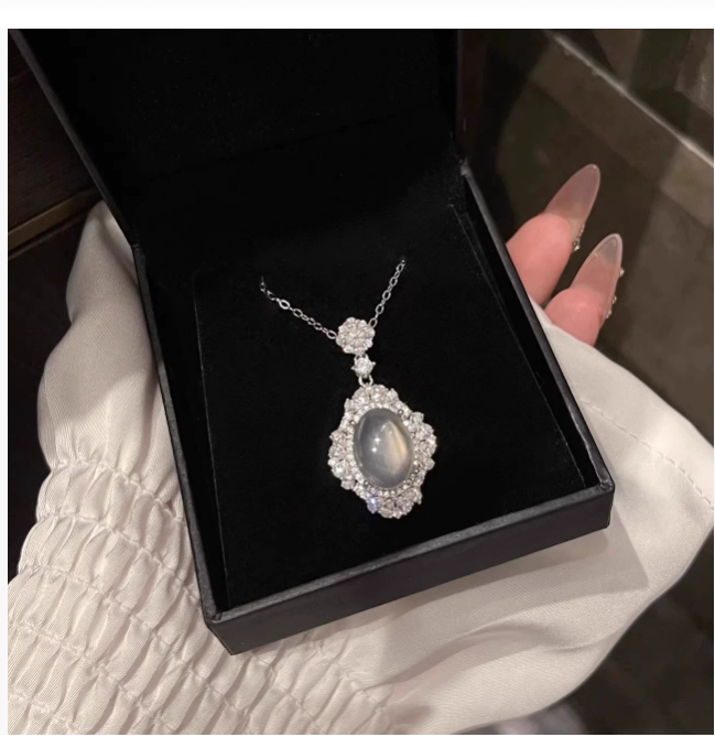 Серебряное колье с подвеской из халцедона в китайском стиле с овальной оправой из агата, длинная цепочка в национальном стиле Alice Collarbone Chain