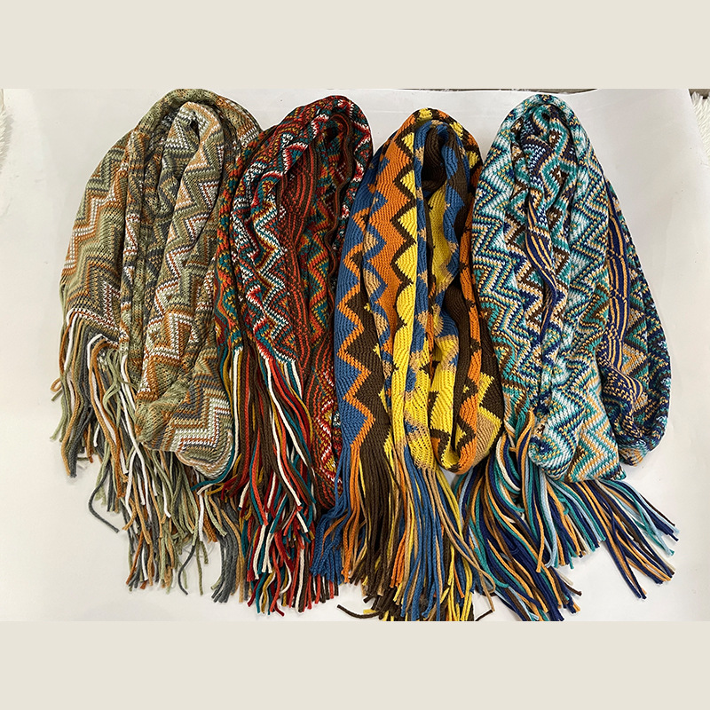 Шаль в богемном стиле Офис с кондиционером Тепло Красочная шаль с полосками и кисточками, большого размера Корейский стиль, этнический стиль