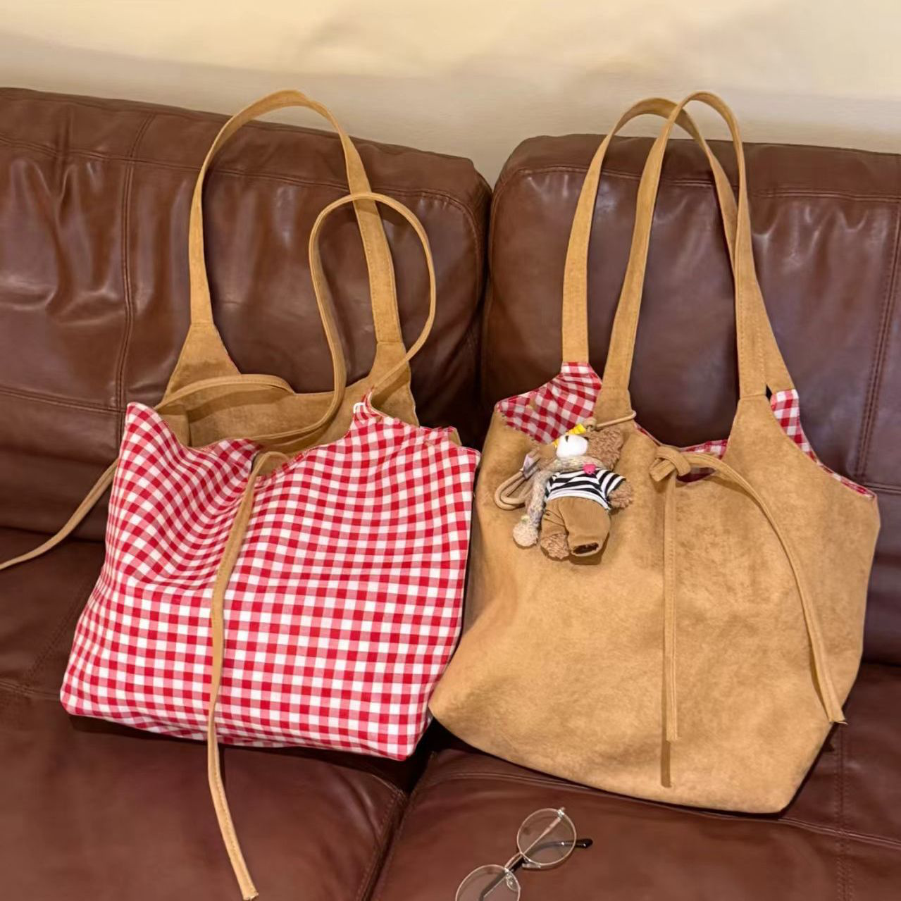 Утолщенная двусторонняя клетчатая сумка из замши большой вместимости для женщин 2026 Осень/Зима Новинка Премиум-сумка через плечо для путешествий