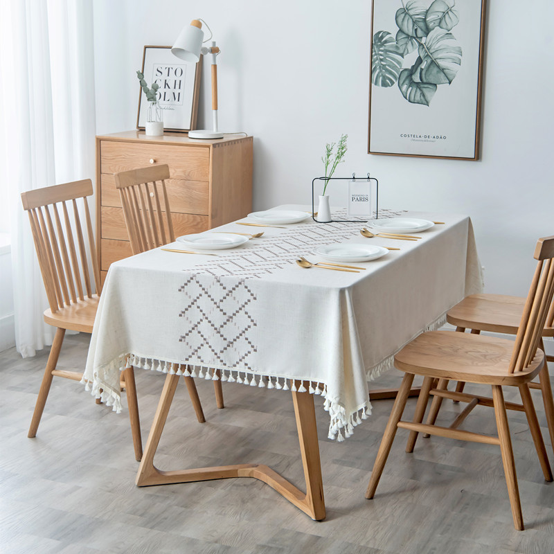 Cross-Border Вышитая скатерть в клетку с бахромой Производитель скатертей для обеденного стола и кофейного столика Вышивка