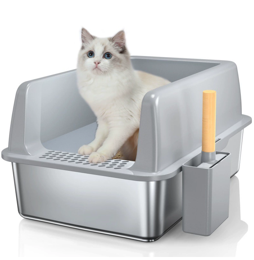 Новый лоток для кошачьего туалета из нержавеющей стали, устойчивый к коррозии, брызгозащищенный, легко моющийся, просторный дизайн с широкими, утолщенными стенками, полузакрытый лоток для кошачьего туалета.