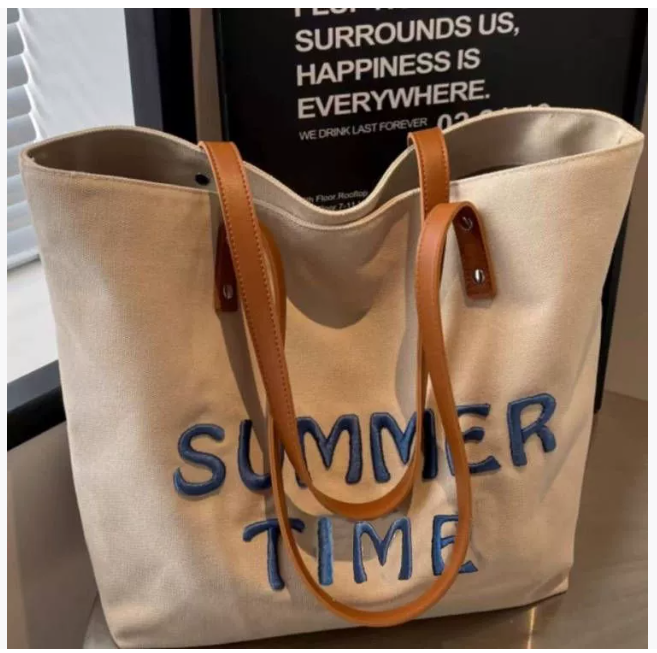 Вышитая буквой холщовая сумка для женщин 2026 Новинка Большая сумка для поездок на работу Универсальная сумка через плечо для студентов и повседневной носки