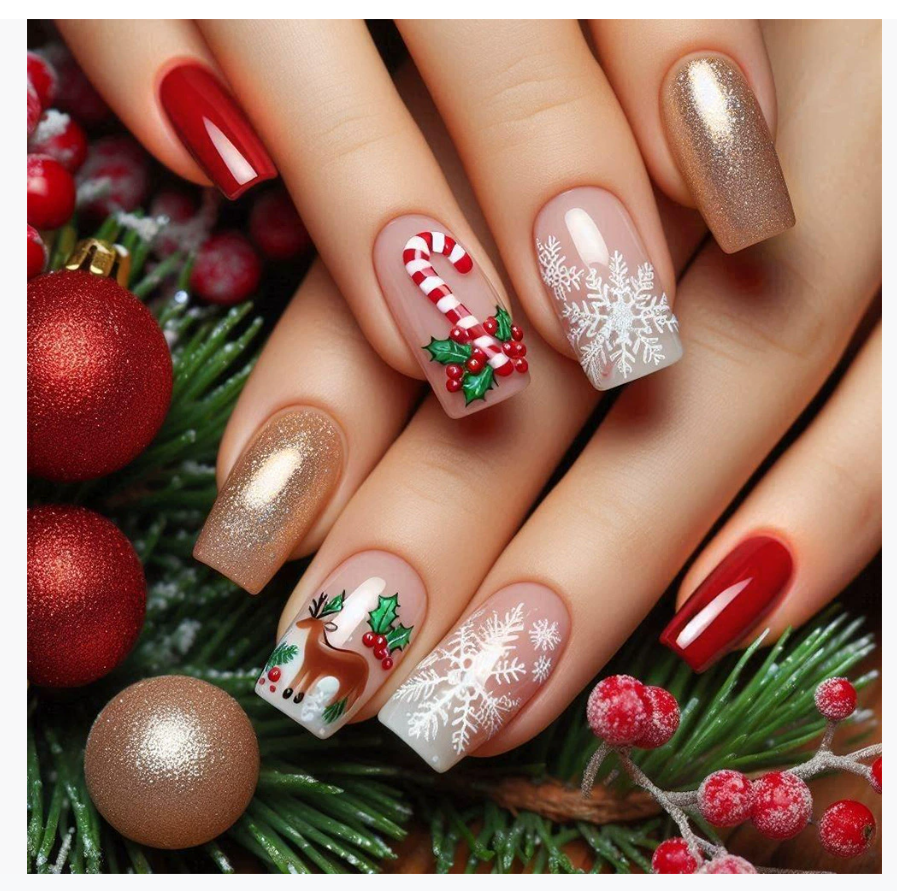 Трансграничный New Snowflake Fawn Gold-Red Nail Art Christmas Atmosphere Style Wearable Nails для длинных ногтей 24-предметный набор искусственных ногтевых накладок