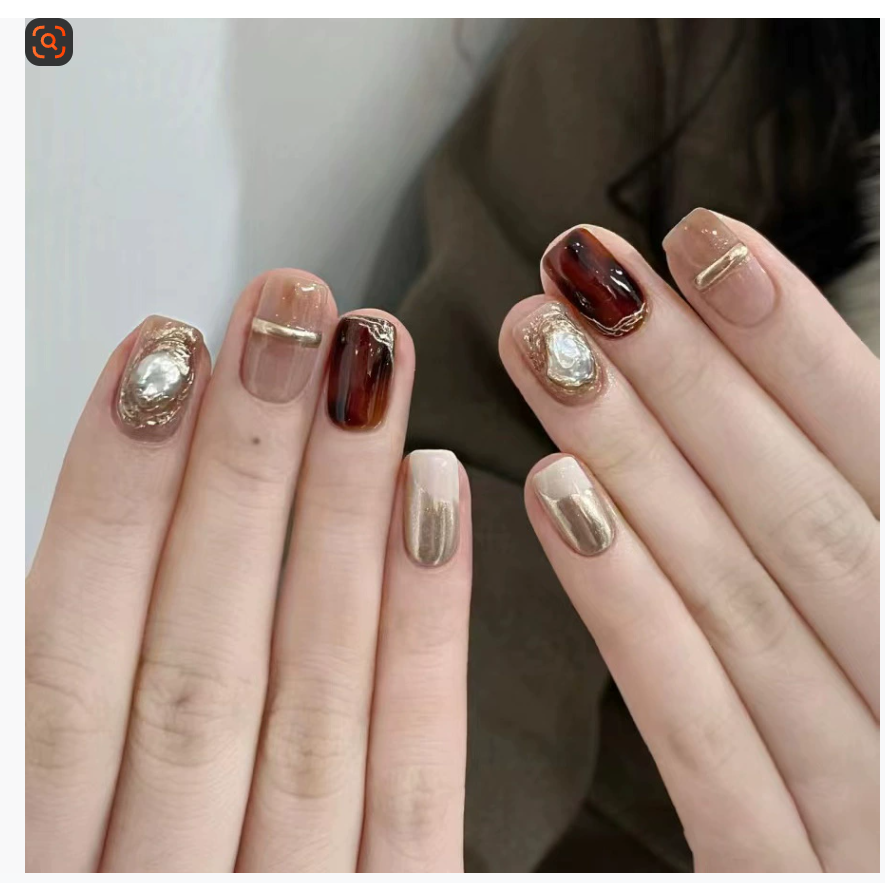 Аутентичные ручные накладные ногти: ручной работы искусственные ногти для ношения Осенняя/зимняя коллекция: премиум-янтарный френч с ракушкой, зеркальный розовый