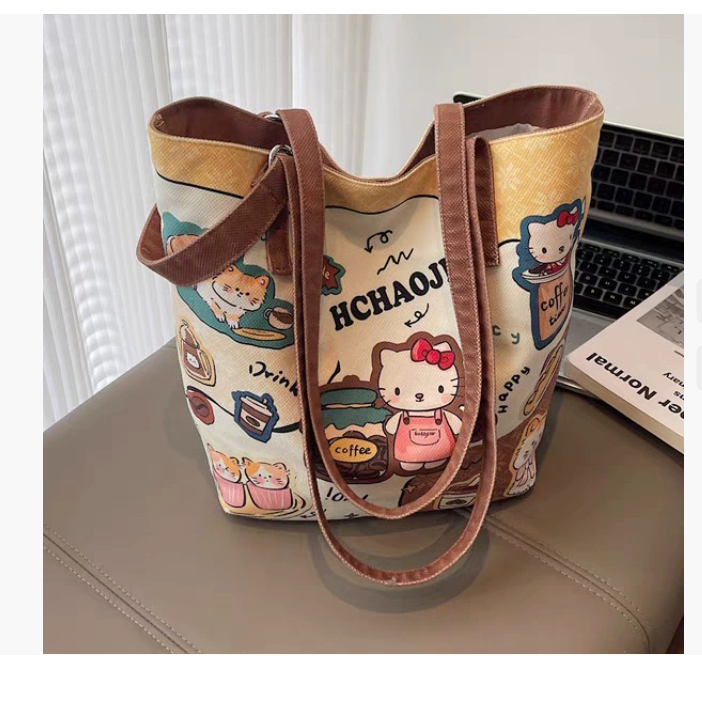 Очаровательная сумка из холста с изображением кошки KT для женщин 2026 Новинка Большая сумка через плечо Студенческая сумка для школы