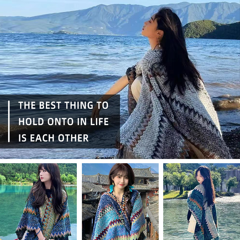 Этническая шаль для женщин Вязаная теплая накидка в стиле пэчворк Верхняя одежда в тибетском стиле, вдохновленная праздниками Драпированная накидка